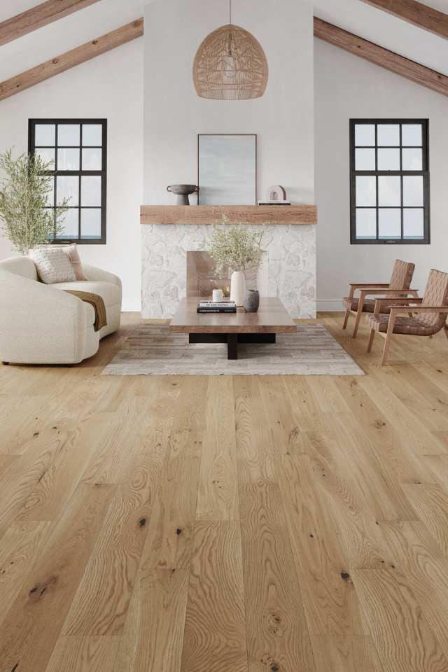 white oak hardwood in Scandinavian style living room with wooden beams, neutral tones, and greenery